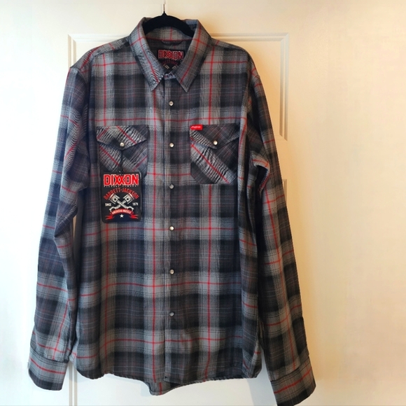 New DIXXON Barrett-Jackson Men's Black, Red and Gray Plaid Button Down Sz XLT - Picture 5 of 9